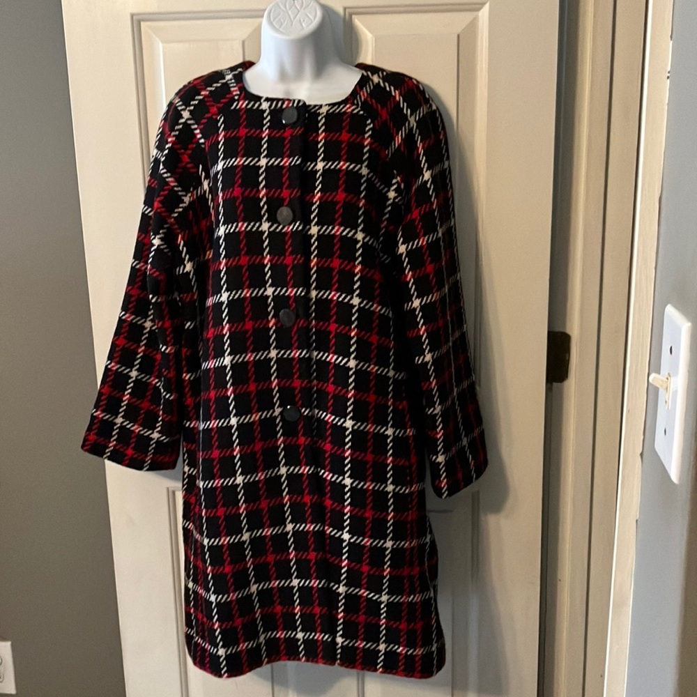 Liz Claiborne Black Red White Plaid Wool Blend Coat